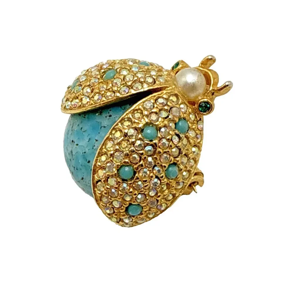 Vintage Unsigned Hattie Carnegie Ladybug Brooch Gold Tone Blue Body Beetle 1.25